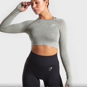 Gym Shark Green Marl Vital Seamless 2.0 Long Sleeve Crop Top Women’s Size Small